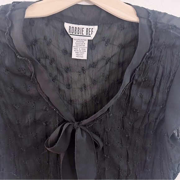 Vintage Robbie Bee Ascot Tie Chic Black Sheer Top Short Sleeve - Picture 2 of 4